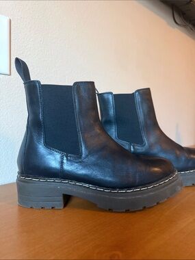 Roolee Black Leather Chelsea Booties with Chunky Lug Sole